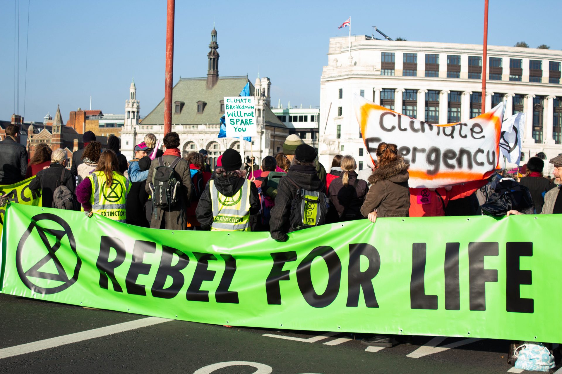 In late November 2018, Extinction Rebellion protestors in London blocked all of the city's major bridges with the aim of causing 'gridlock across the capital, highlighting the impending economic and environmental breakdown' (Credit: Julia Hawkins)