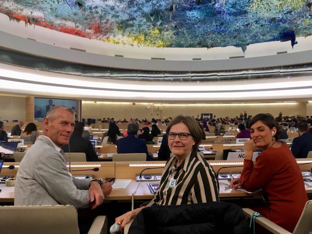 Members of the European Parliament Helmut Scholz (GUE), Heidi Hautala (Greens) and Lola Sánchez (GUE) at UN Headquarters during the 4th round of negotiations