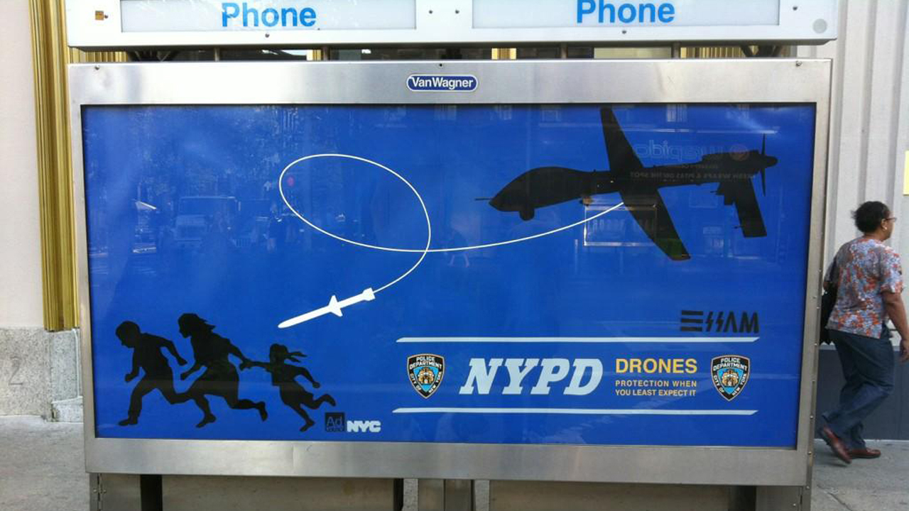 Essam Attia’s satirical anti-drone poster which he distributed around the streets of New York in December 2012. The small strap-line – bottom right -- reads “NYPD Drones: Protection When You Least Expect It’ via 12ozprophet.com
