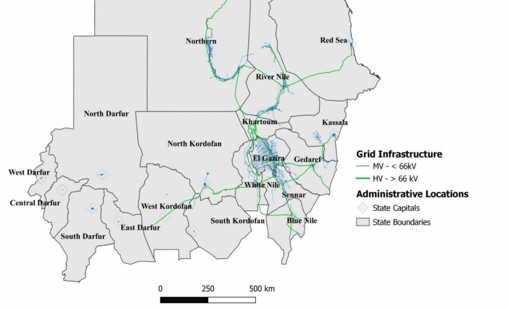 Figure 1: Sudan’s electricity network, made up of medium-voltage (blue) and high-voltage (green) transmission lines, according to the current state-level of governance
